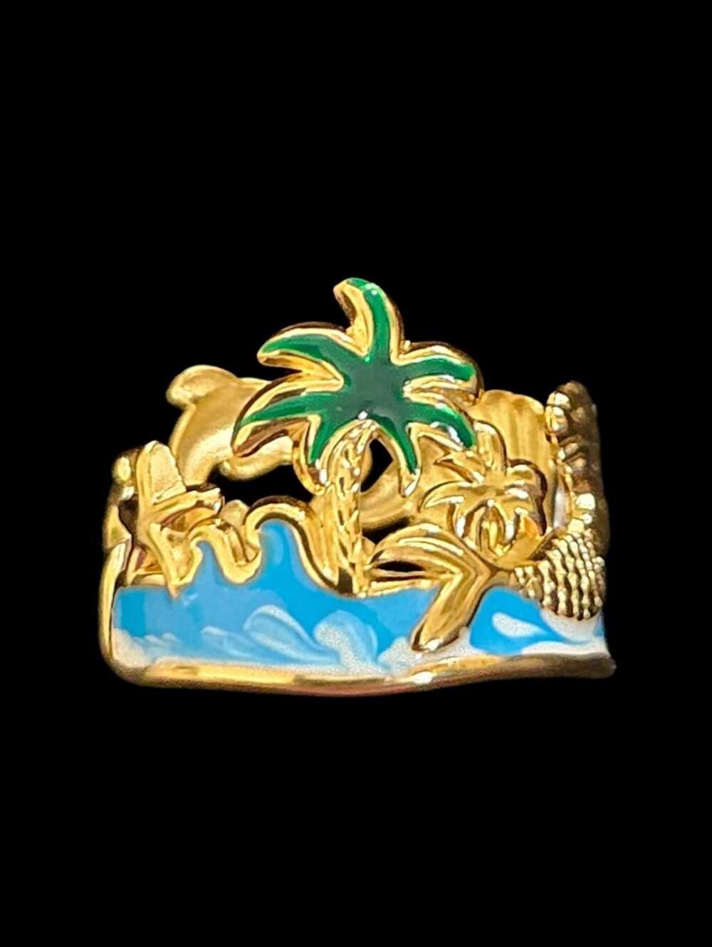 Gold Mermaid Ring with Blue Enamel Waves